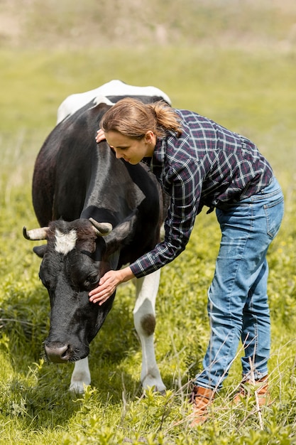 Woman with a cow at farm