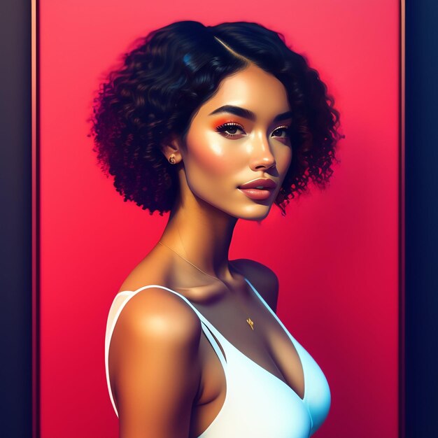 A woman with curly hair stands in front of a red background.