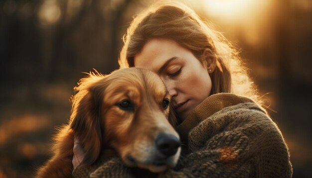 Woman with cute puppy enjoying nature beauty generated by AI