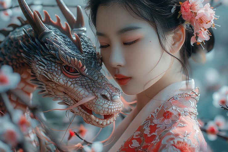 無料Photo ドラゴンの女性のファンタジーシーン