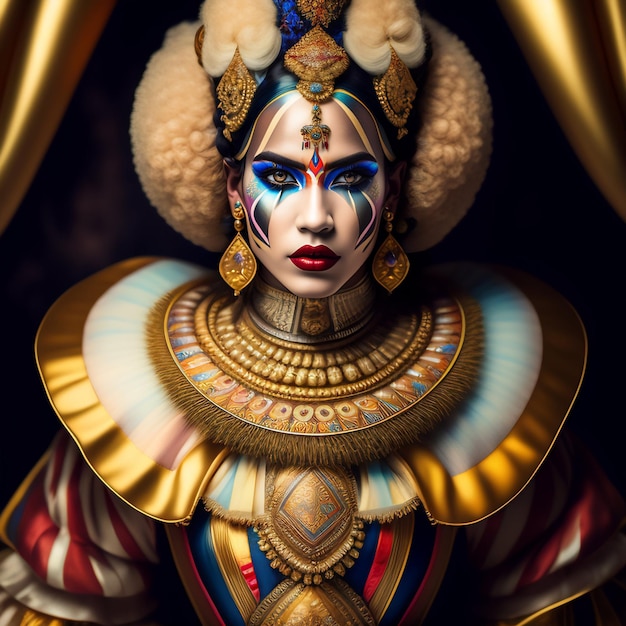 A woman with a face painted with gold and blue paint and a gold crown.