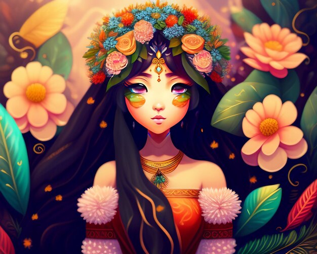 A woman with flowers on her head and a flower crown on her head.