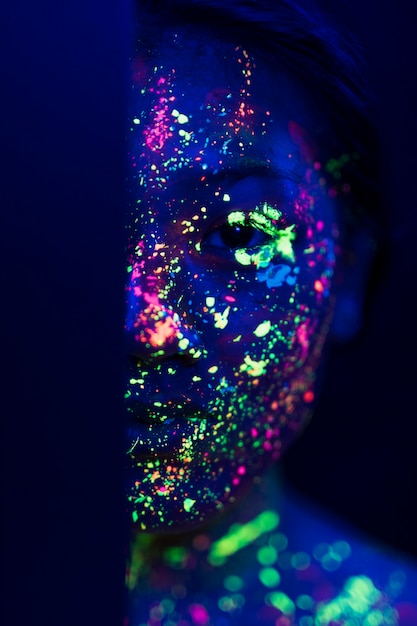 a woman with glowing neon face paint on her face,, Stable Diffusion