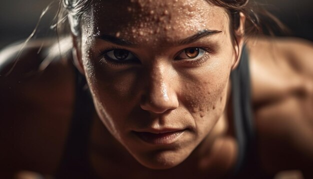 A woman with freckles on her face is looking at the camera.