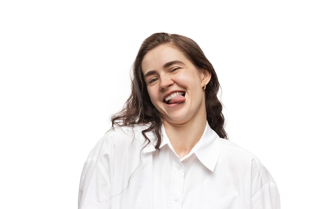 Free photo woman with funny meme emotions on white