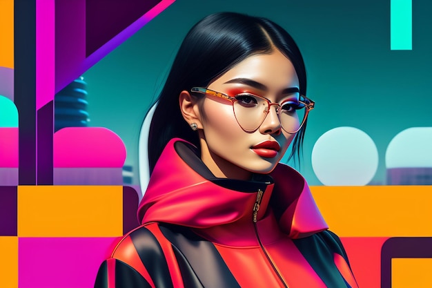 A woman with glasses in front of a colorful background