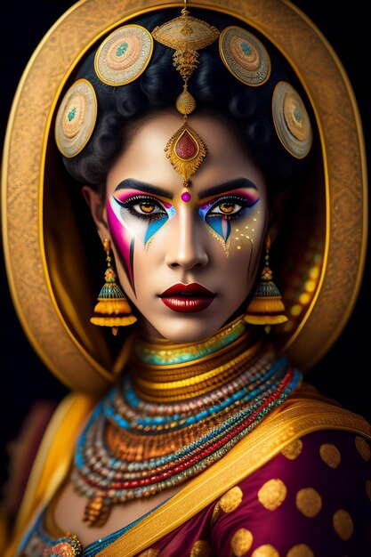 A woman with a golden crown and a blue and red face paint.
