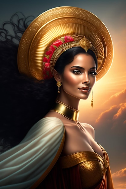 A woman with a golden crown and a golden sky in the background.