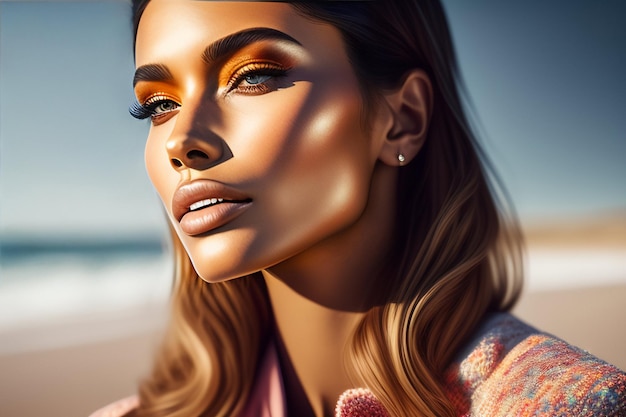 A woman with golden eyes and a pink sweater is standing on the beach.