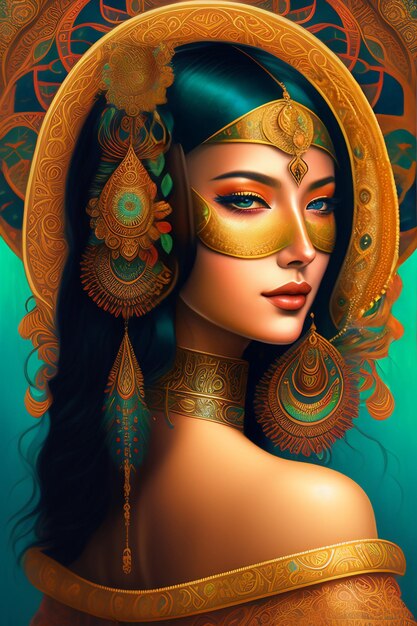 A woman with a golden mask on her face.