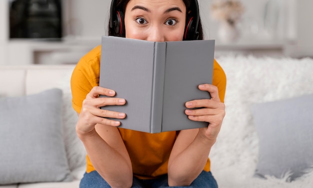 Woman with headset for video call