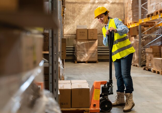 Woman with helmet working in warehouse