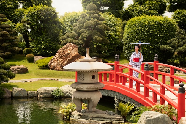 Free photo woman with kimono and wagasa umbrella