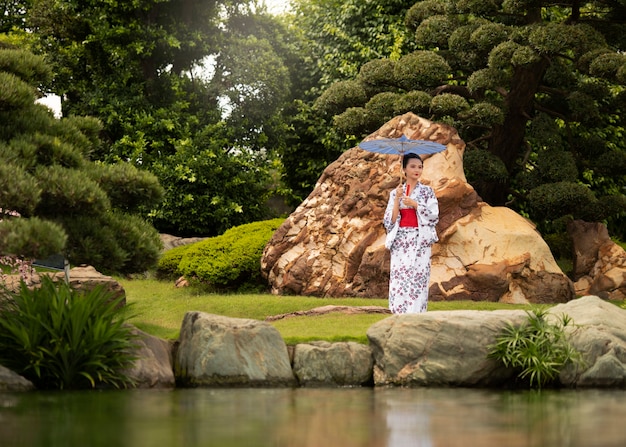 Free photo woman with kimono and wagasa umbrella