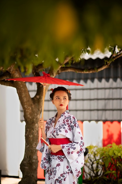 Free photo woman with kimono and wagasa umbrella