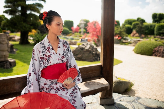 Free photo woman with kimono and wagasa umbrella