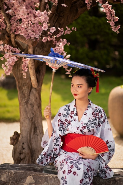 Free photo woman with kimono and wagasa umbrella