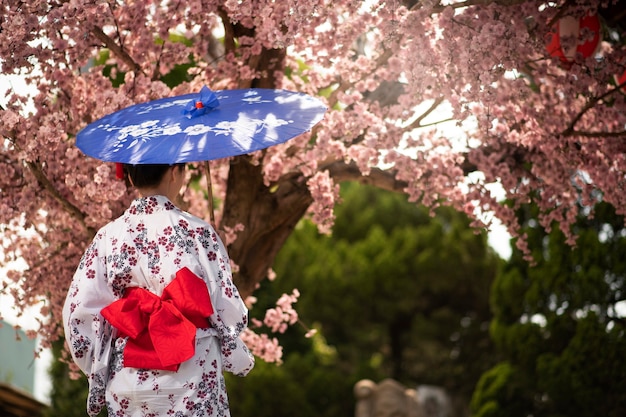 Foto gratuita donna con kimono e ombrello wagasa