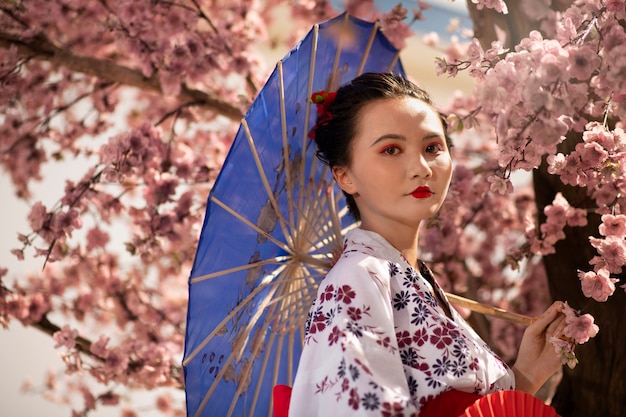 Free photo woman with kimono and wagasa umbrella