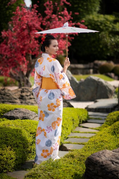 Woman with kimono and wagasa umbrella