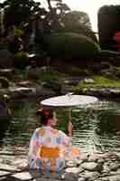 Free photo woman with kimono and wagasa umbrella