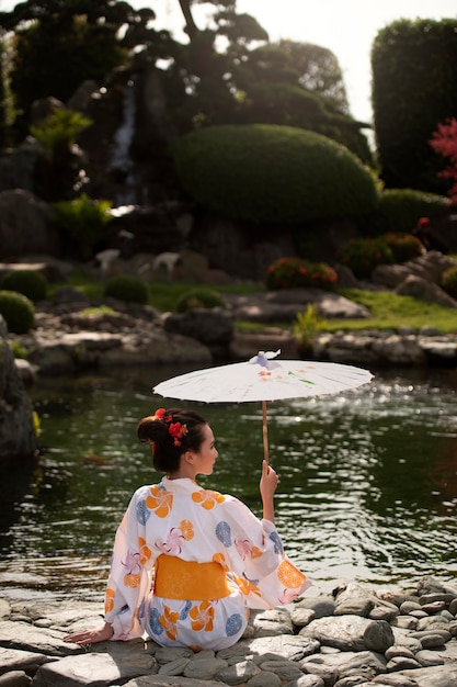 Woman with kimono and wagasa umbrella