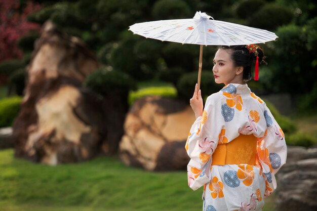 Woman with kimono and wagasa umbrella