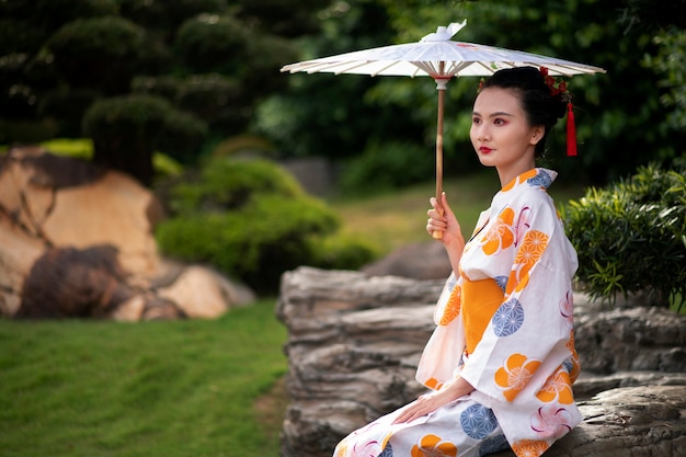 Woman with kimono and wagasa umbrella