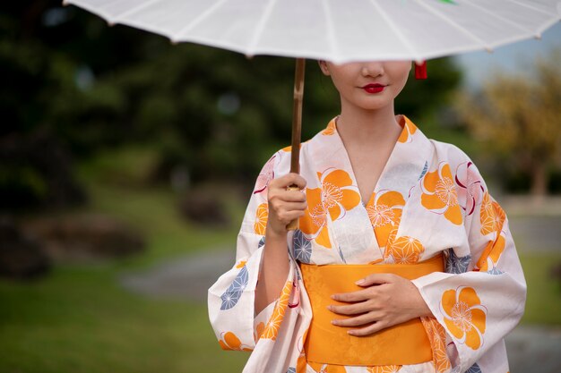 기모노와 와가사 우산을 가진 여자