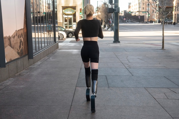 Woman with leg disability running in the city