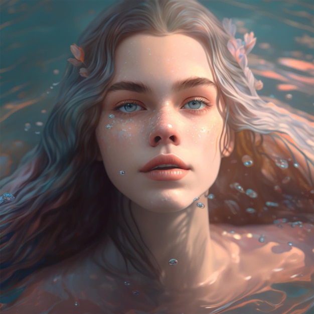 A woman with long hair and blue eyes swims in the water