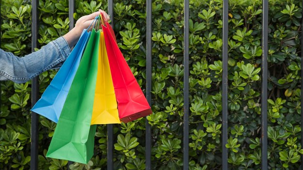 Woman with many bright shopping bags near plants 