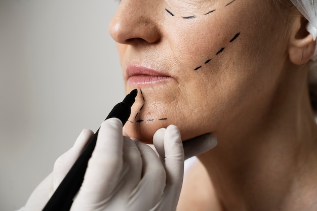 Woman with marker traces on face close up