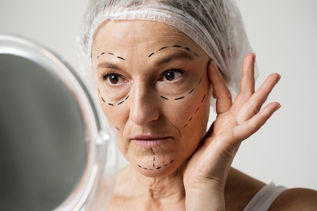 Woman with marker traces on face looking in the mirror