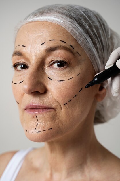 Woman with marker traces on face side view