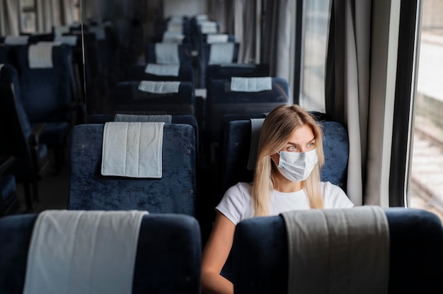 公共電車で旅行する医療マスクを持つ女性