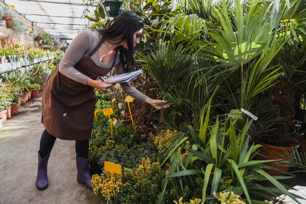 Woman with notebook inspecting plants