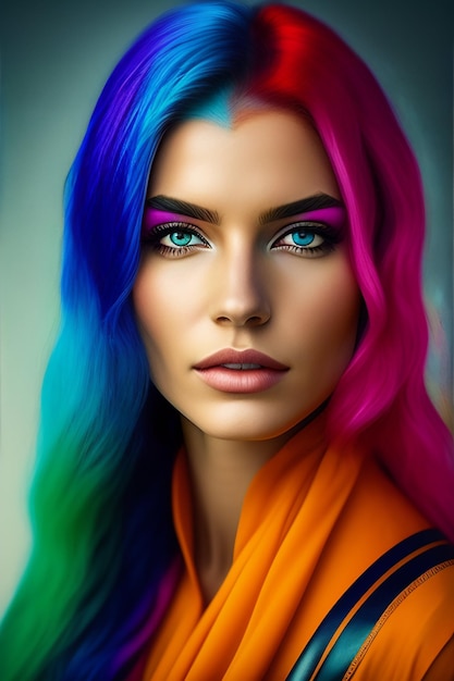 Una donna con i capelli color arcobaleno.