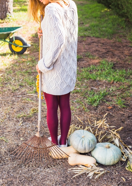 Woman with rake near vegetables 