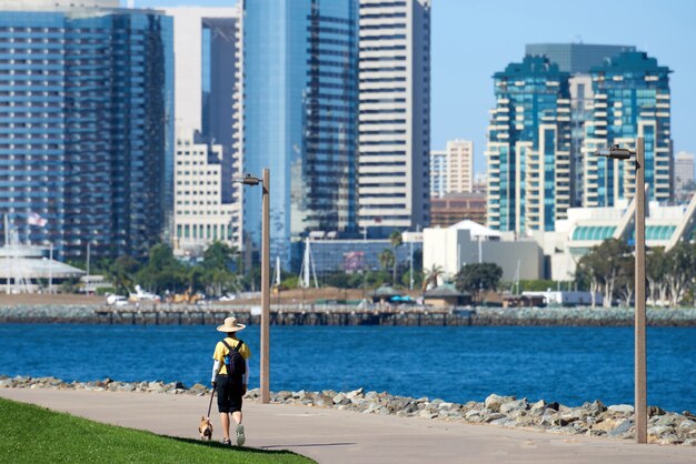 Woman with round classic hat walking the dog in waterfront park in San Diego