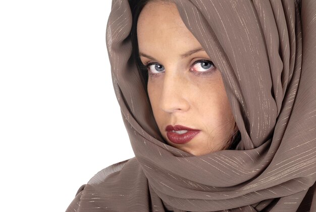 Woman with silk veil closeup