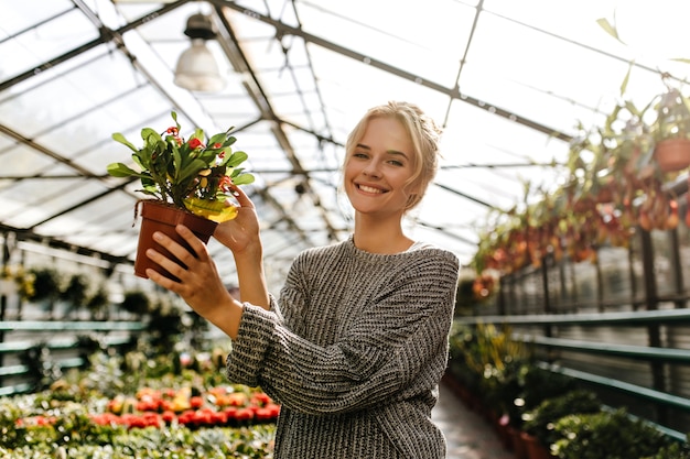 真っ白な笑顔の女性、赤い花の植物を保持しています。温室の灰色のセーターの女性の肖像画。