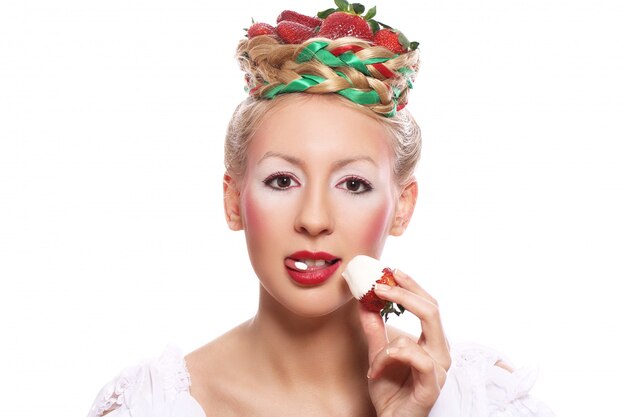 Woman with strawberry in her hairstyle