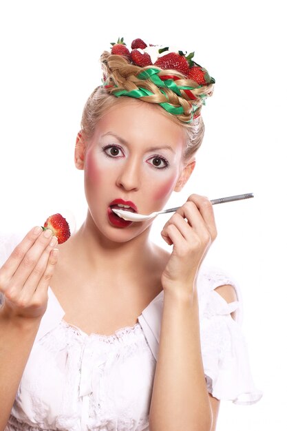 Woman with strawberry in her hairstyle