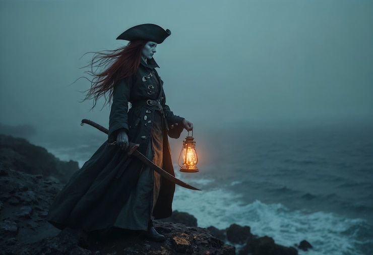 Free Photo a woman with a sword and a lantern on the rocks