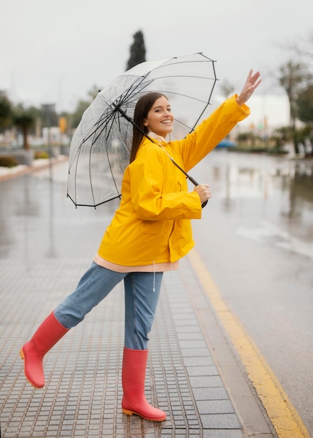 雨の側面図に立っている傘を持つ女性