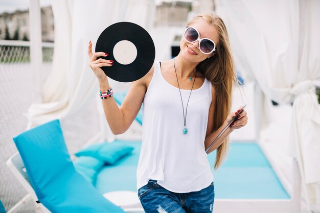 Woman with vinyl records