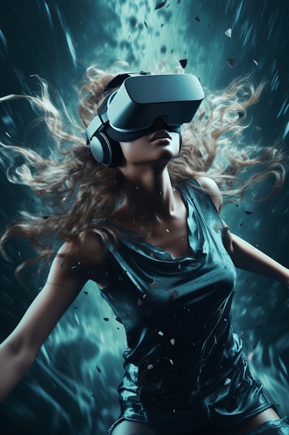 Free photo woman with vr glasses experiencing metaverse