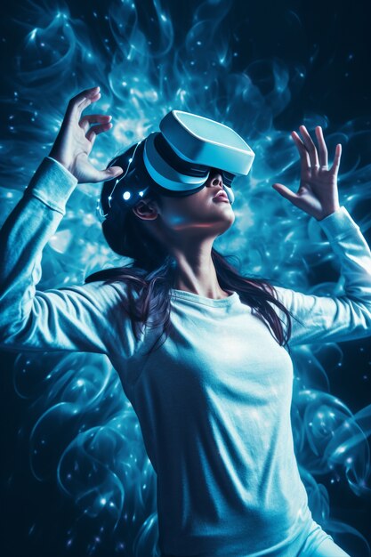 Женщина в очках виртуальной реальности переживает метавселенную