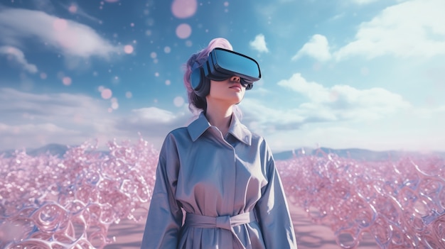 Woman with vr glasses experiencing metaverse